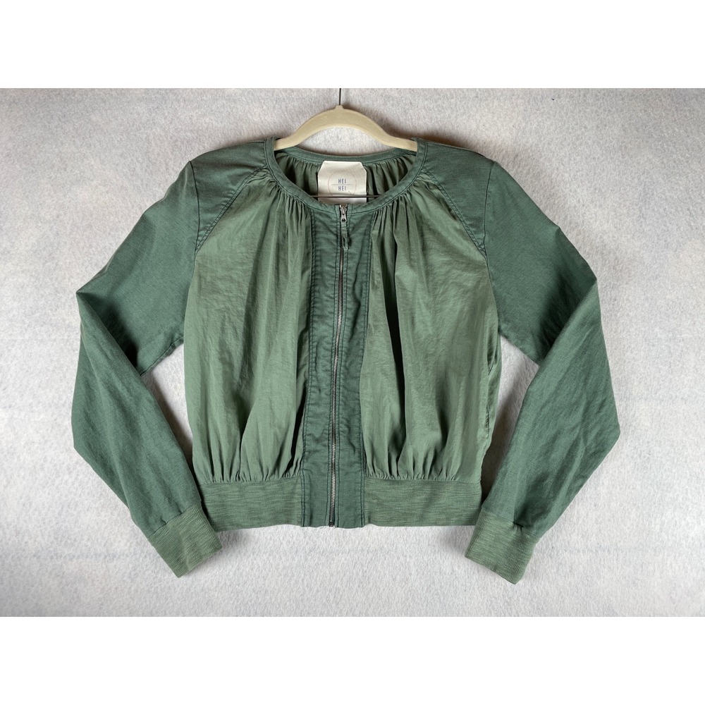 Hei Hei Anthropologie Green Mixed‎ Media Bomber Jacket Gathered Zip Up Womens S